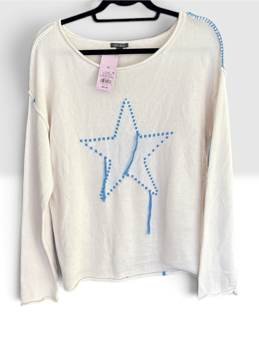 Wild Fable Star Sweater Medium NWT Cream Blue Lightweight Knit Top